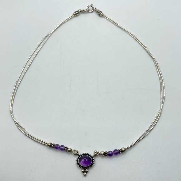 Vtg QT Sterling Liquid Silver Heishi Tube Bead Amethyst Necklace 16” - Picture 2 of 7